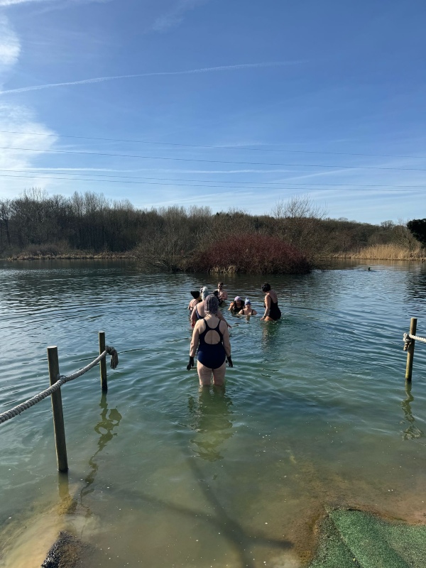 Swimmers walk into the waters of Whitmore Lake
